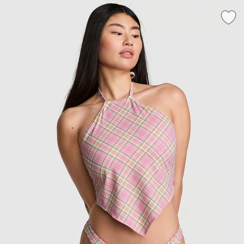 Frankie's Bikinis X Pink Victoria's Secret Pink and Green Plaid Bikini Top NWT L